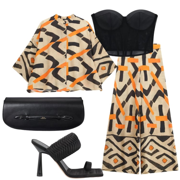 Outfit donna - Total look tessuto afrik. Stile Etnico per Serata fuori. Abbinamento con ciabatte, top, pantaloni a palazzo, camicie, clutch.