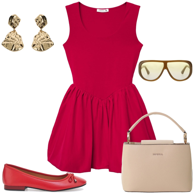 Outfit donna - Light Steps. Stile Casual chic per Ufficio. Abbinamento con vestiti corti, borse a secchiello, occhiali da sole, orecchini, ballerine.