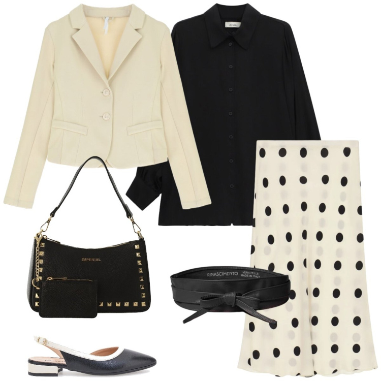 Outfit donna - Total look #2397509. Stile Chic per Tutti i giorni. Abbinamento con blazer, borse a spalla, cinture, gonne longuette, camicie, ballerine.