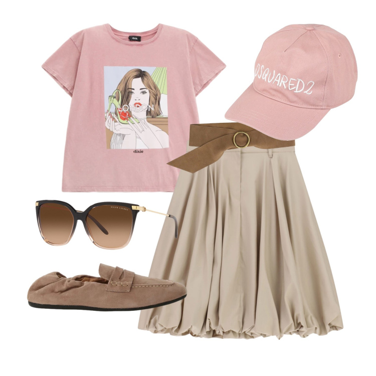 Outfit donna - Maggio. Stile Casual chic per Tutti i giorni. Abbinamento con cappelli con visiera, gonne longuette, cinture, t-shirt, mocassini, occhiali da sole.
