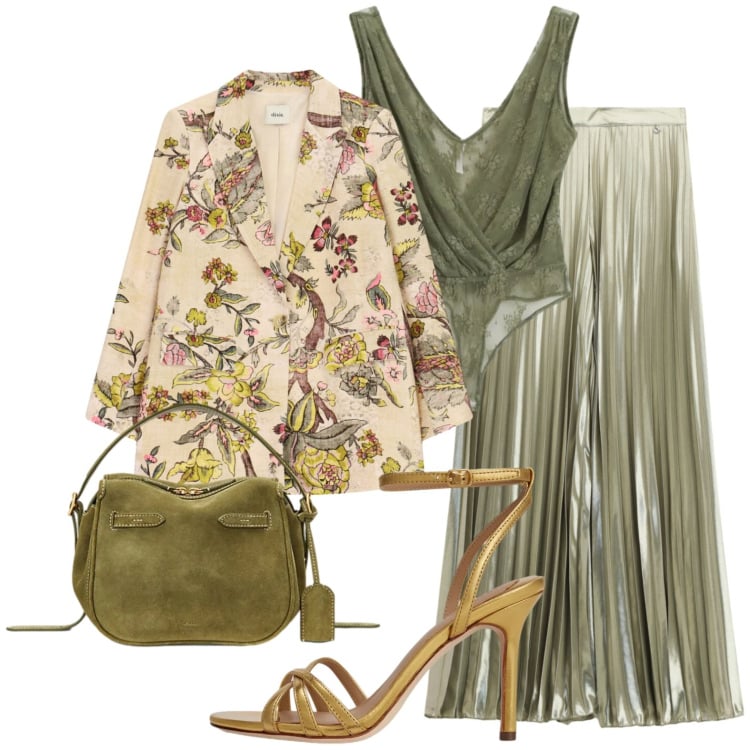 Outfit donna - Pantaloni palazzo plissettati. Stile Glamour per Serata fuori. Abbinamento con top, pantaloni a palazzo, blazer, borse a mano, sandali in pelle.