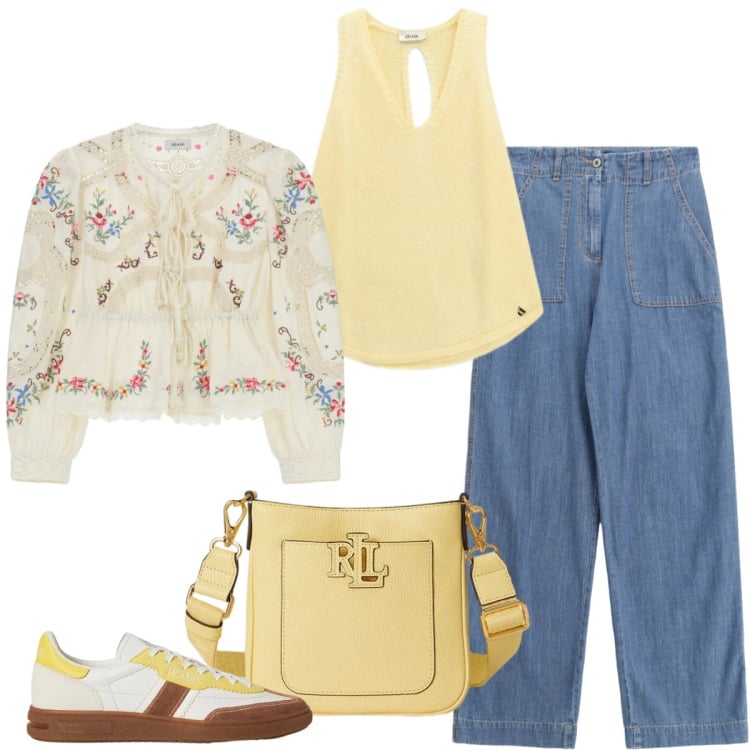 Outfit donna - Total look #2397512. Stile Casual chic per Tutti i giorni. Abbinamento con cappotti, jeans, top, borse a tracolla, sneakers.