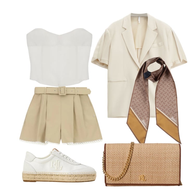 Outfit donna - Maggio. Stile Trendy per Tutti i giorni. Abbinamento con sciarpe, shorts, blazer, top, sneakers, borse a tracolla.