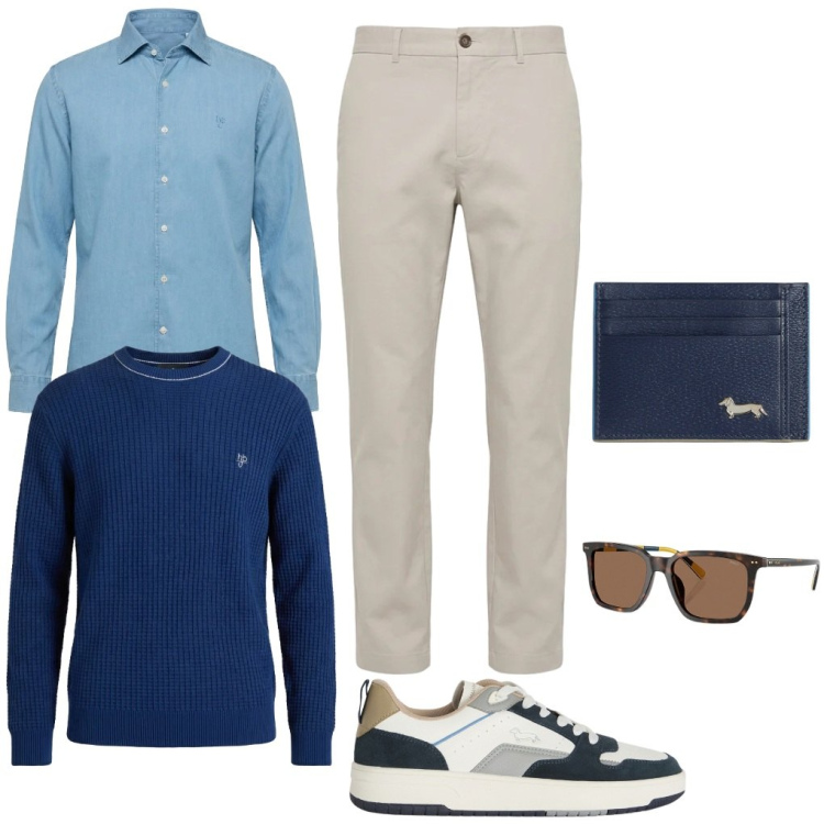 Outfit uomo - 65. Maglioncino sulle spalle. Stile Casual per Serata speciale. Abbinamento con portafogli, camicie, sneakers, maglieria, pantaloni, occhiali da sole.