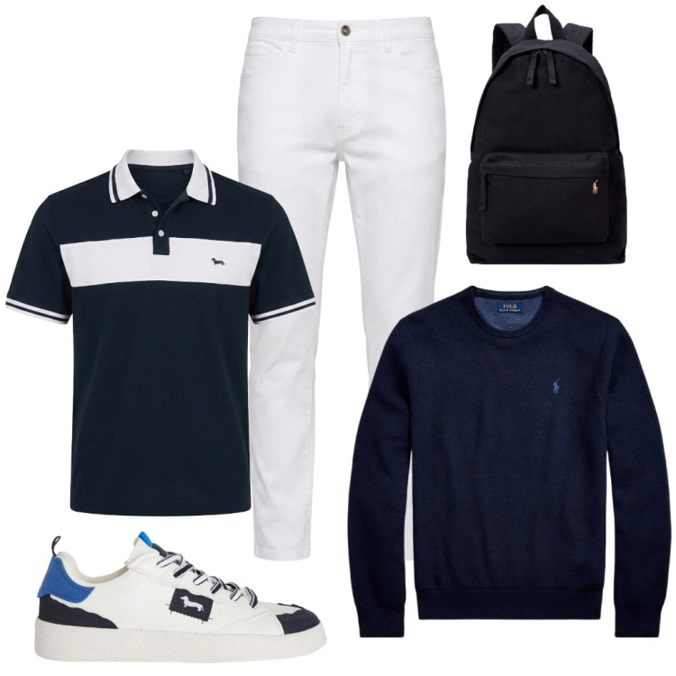 Outfit uomo - 68. Ultimo esame. Stile Casual per Tutti i giorni. Abbinamento con sneakers, polo, jeans, borse sportive, maglieria.