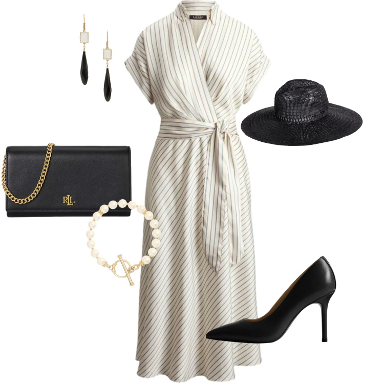 Outfit donna - Pretty woman. Stile Chic per Cerimonia. look ideale per Petite. Abbinamento con cappelli, décolleté, borse a tracolla, orecchini, braccialetti, vestiti midi/longuette.