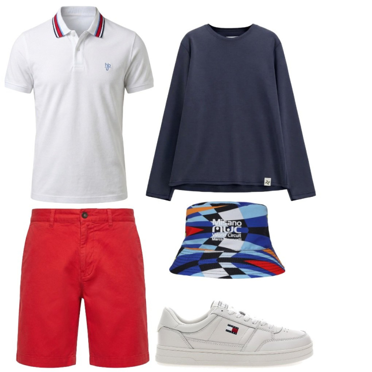 Outfit uomo - 67. Alla pescatora. Stile Casual per Tutti i giorni. Abbinamento con cappelli, felpe, polo, pantaloni corti, sneakers.