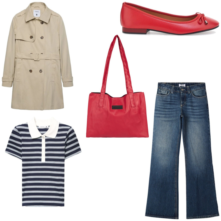Outfit donna - Aperitivo con gli amici. Stile Casual chic per Tutti i giorni. Abbinamento con trench, polo, jeans, shopping bag, ballerine.