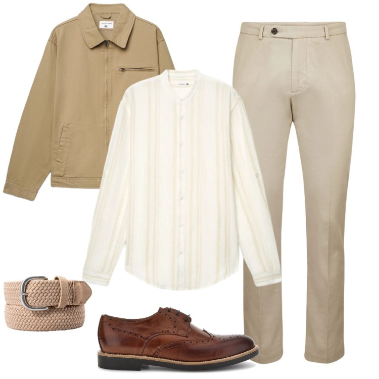 Outfit uomo - 70. Sabbia in ufficio. Stile Casual per Ufficio. Abbinamento con cappotti, camicie, pantaloni, cinture, scarpe stringate.