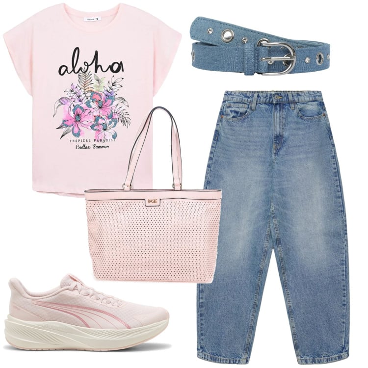 Outfit donna - Total look #2397540. Stile Casual per Scuola/Università. Abbinamento con cinture, t-shirt, jeans, sneakers alte, borse a spalla.