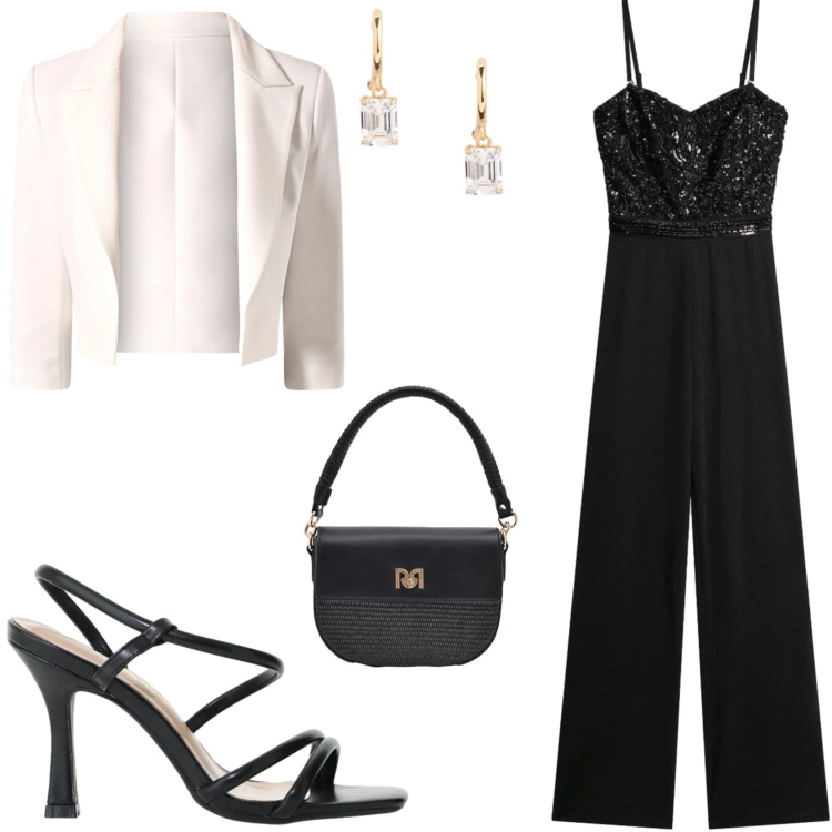 Outfit donna - Look per un giorno importante. Stile Bon Ton per Cerimonia. Abbinamento con tute, sandali col tacco, blazer, borse a spalla, orecchini.