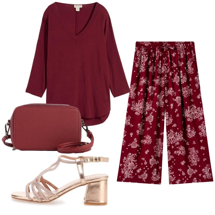 Outfit donna - Total look #2397548. Stile Basic per Serata fuori. Abbinamento con borse a tracolla, t-shirt, pantaloni a palazzo, sandali col tacco.