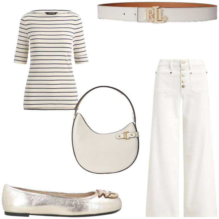Outfit donna - Easy outfit. Stile Chic per Tutti i giorni. Abbinamento con ballerine, borse a spalla, cinture, t-shirt, jeans.