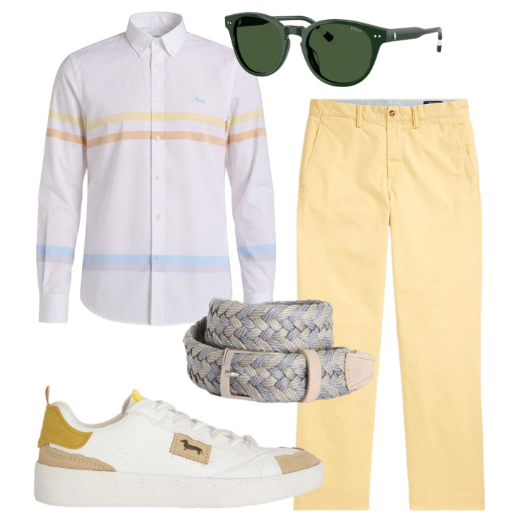 Outfit uomo - Primavera. Stile Casual per Tutti i giorni. Abbinamento con sneakers, camicie, cinture, pantaloni, occhiali da sole.