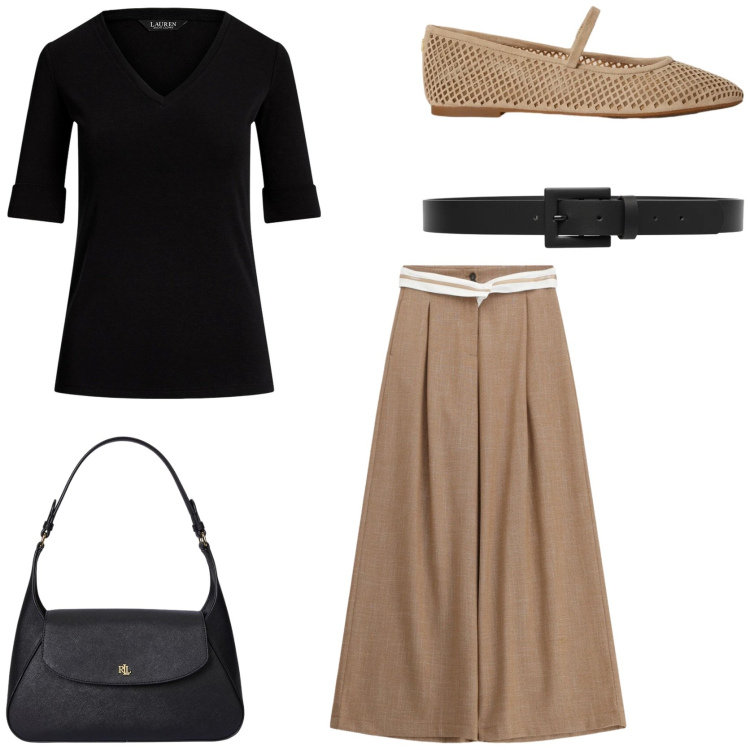Outfit donna - Minimal chic. Stile Casual chic per Tutti i giorni. Abbinamento con pantaloni a palazzo, cinture, t-shirt, ballerine, borse a spalla.