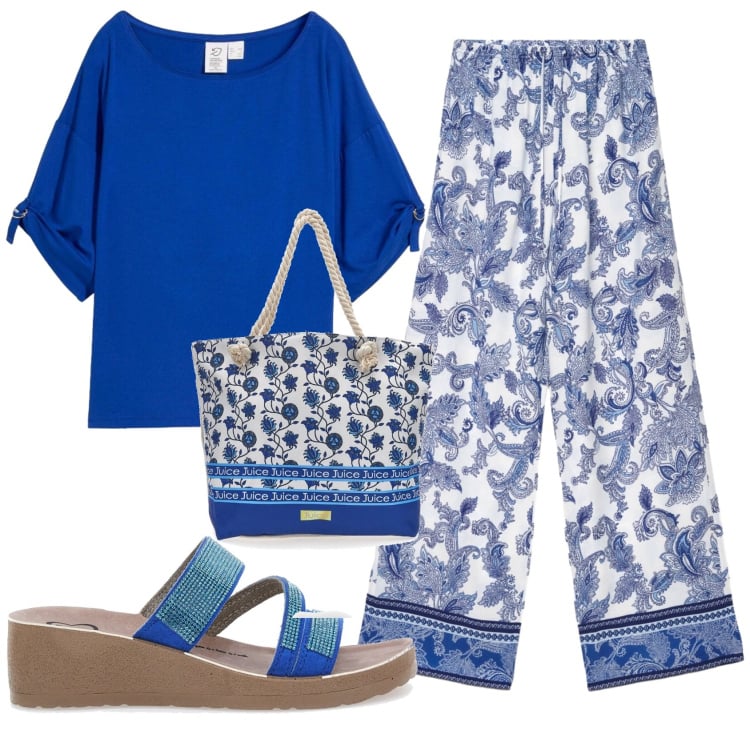 Outfit donna - Total look #2397564. Stile Trendy per Tutti i giorni. Abbinamento con t-shirt, pantaloni, shopping bag, ciabatte.
