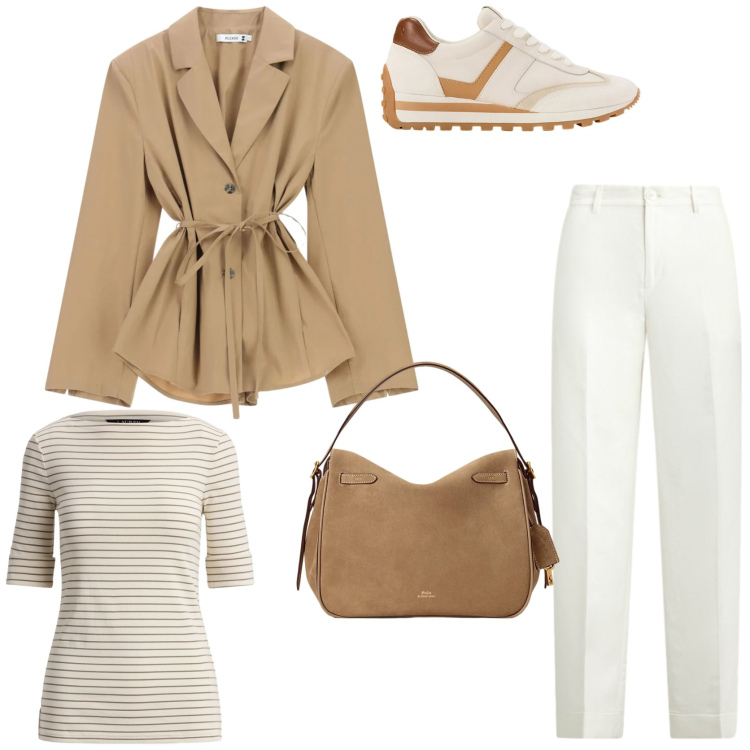 Outfit donna - City. Stile Urban per Tutti i giorni. Abbinamento con blazer, sneakers, borse a mano, pantaloni, t-shirt.