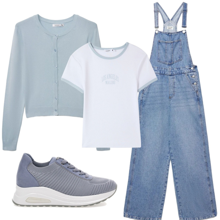 Outfit donna - Total look #2397569. Stile Casual per Scuola/Università. Abbinamento con cardigans, salopette, t-shirt, sneakers alte.