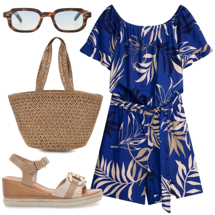 Outfit donna - Total look #2397571. Stile Basic per Ufficio. Abbinamento con tuta corta, occhiali da sole, borse a spalla, sandali.