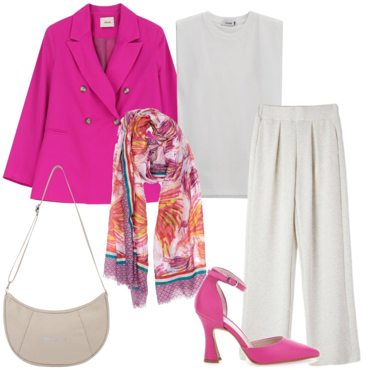 Outfit donna - Total look #2397575. Stile Chic per Tutti i giorni. Abbinamento con pantaloni, top, blazer, borse a spalla, sciarpe, décolleté.