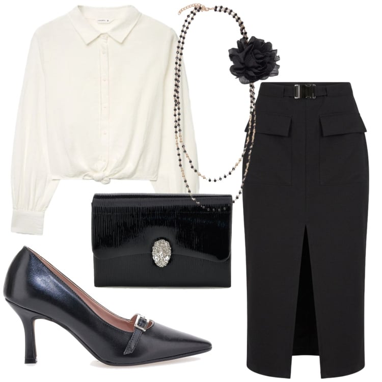 Outfit donna - Total look #2397579. Stile Chic per Serata fuori. Abbinamento con gonne longuette, camicie, collane, décolleté, pochette.