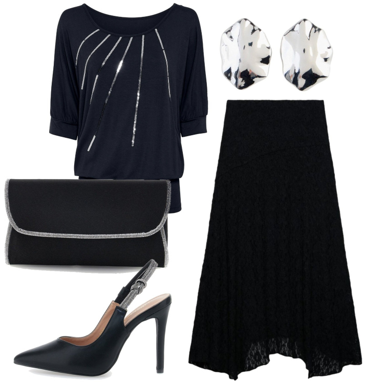 Outfit donna - Total look #2397581. Stile Chic per Serata fuori. Abbinamento con maglieria, orecchini, gonne lunghe, décolleté, pochette.