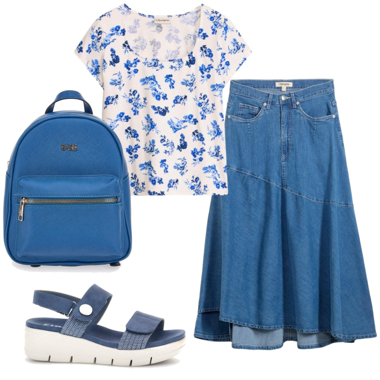 Outfit donna - Total look #2397584. Stile Casual per Scuola/Università. Abbinamento con t-shirt, gonne longuette, zaini, sandali.