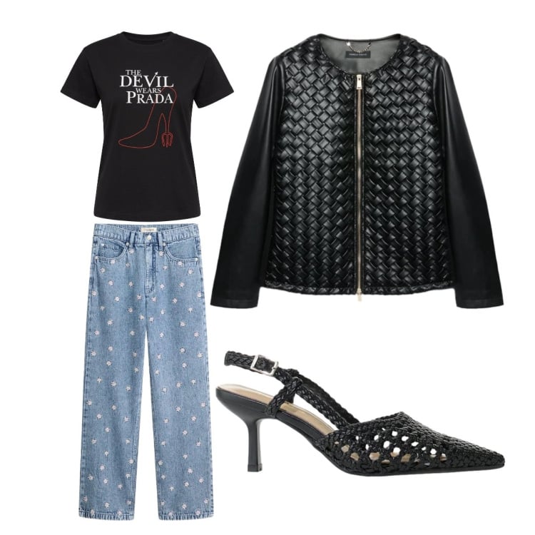 Outfit donna - Parola d’ordine Intrecciata. Stile Rock per Serata fuori. Abbinamento con jeans dritti, décolleté, t-shirt, blazer.