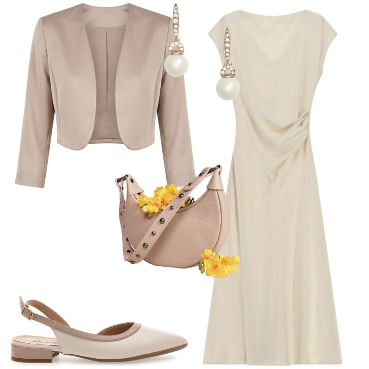 Outfit donna - Chic cerimonia evento serata. Stile Chic per Cerimonia. Abbinamento con vestiti midi/longuette, blazer, borse a spalla, orecchini, ballerine.