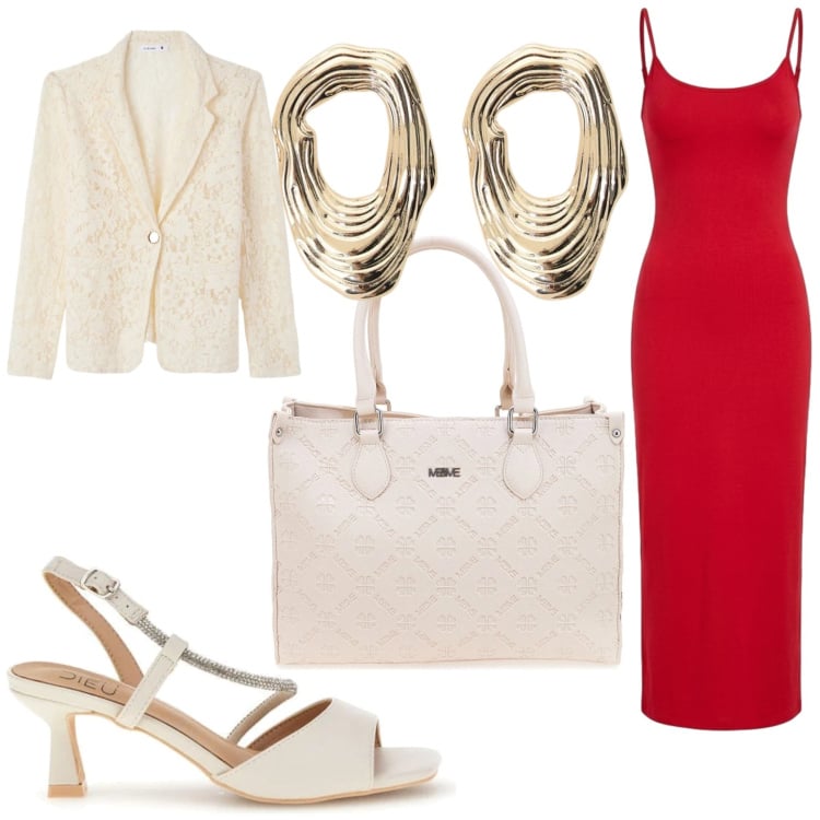 Outfit donna - Aperitivo primaverile. Stile Casual chic per Serata fuori. Abbinamento con blazer, vestiti lunghi, orecchini, borse a tracolla, sandali col tacco.