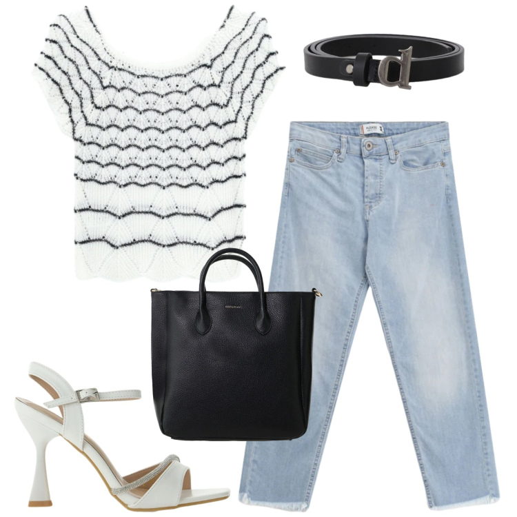 Outfit donna - Maggio. Stile Casual chic per Tutti i giorni. Abbinamento con jeans, canottiere, borse a tracolla, sandali gioiello, cinture.