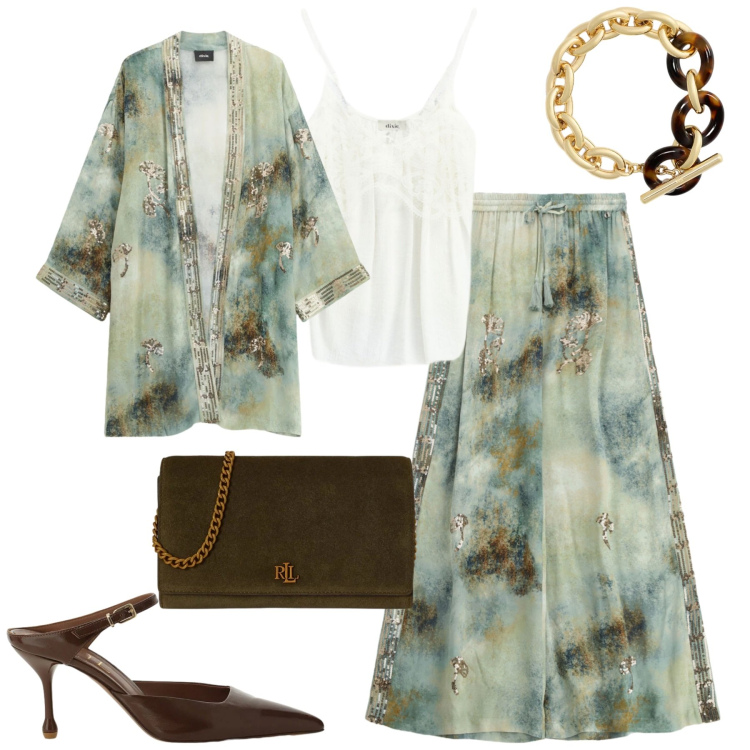Outfit donna - Dixie. Stile Glamour per Tutti i giorni. Abbinamento con pantaloni a palazzo, décolleté, blazer, top, braccialetti, borse a tracolla.