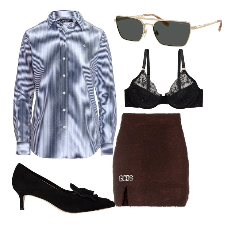 Outfit donna - Camicia classica must have. Stile Casual chic per Ufficio. Abbinamento con minigonne, reggiseni, occhiali da sole, décolleté, camicie.