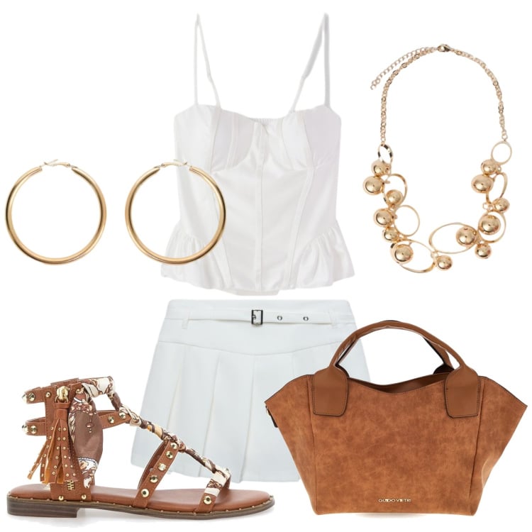 Outfit donna - Total look #2397595. Stile Minimal per Serata fuori. Abbinamento con minigonne, top, orecchini, collane, borse a mano, sandali.