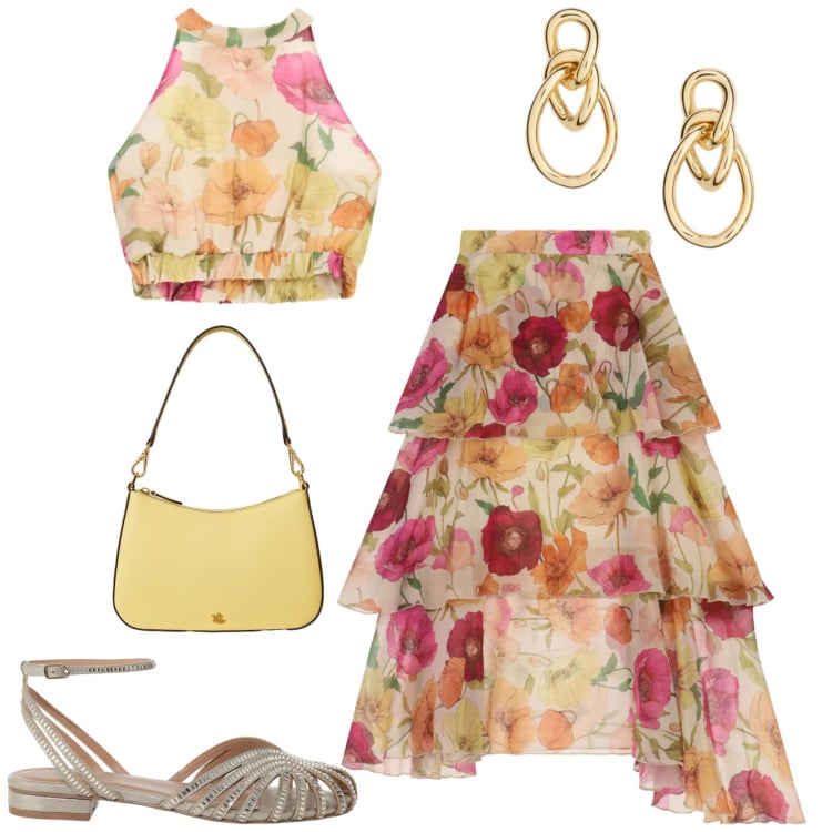 Outfit donna - Dixie. Stile Romantica per Tutti i giorni. Abbinamento con top, gonne lunghe, sandali, orecchini, borse a spalla.