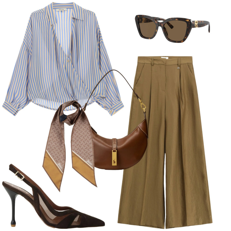 Outfit donna - City. Stile Chic per Tutti i giorni. Abbinamento con sciarpe, pantaloni a palazzo, décolleté, camicie, occhiali da sole, borse a spalla.