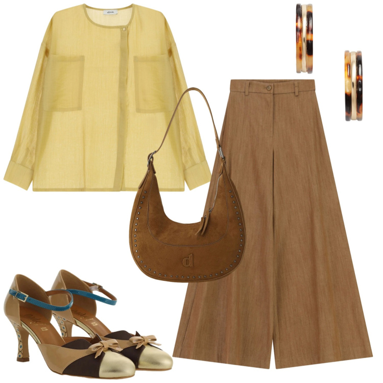Outfit donna - City. Stile Urban per Tutti i giorni. Abbinamento con pantaloni a palazzo, décolleté, cappotti, camicie, orecchini.
