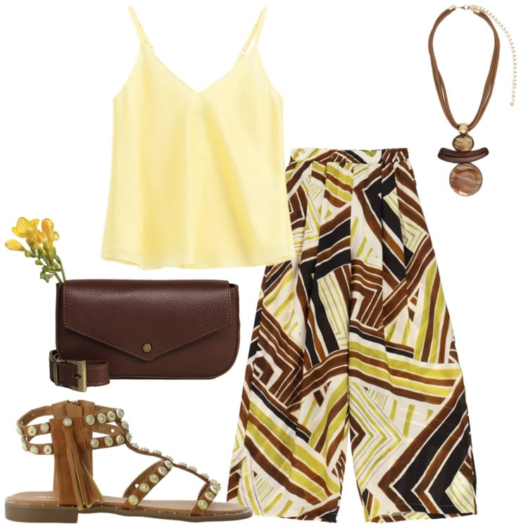 Outfit donna - City. Stile Urban per Tutti i giorni. Abbinamento con pantaloni a palazzo, sandali, borse a tracolla, top, ciondoli.