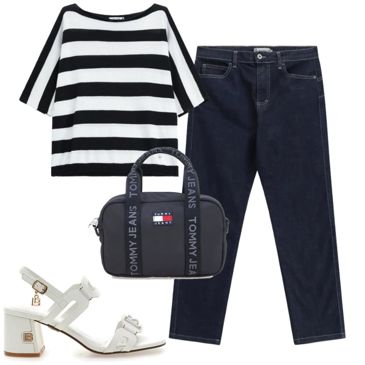 Outfit donna - City. Stile Casual chic per Tutti i giorni. Abbinamento con jeans slim fit, top, sandali col tacco, borse a tracolla.