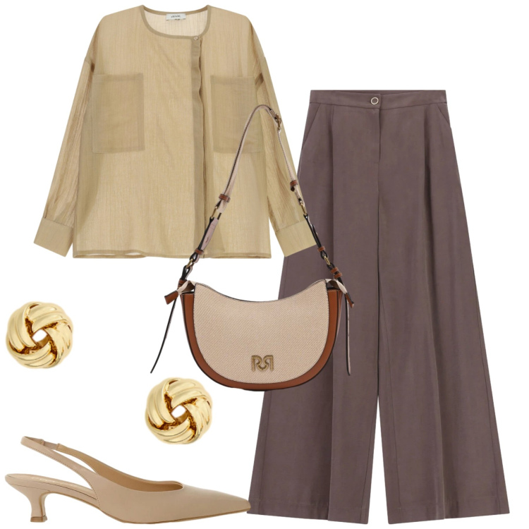 Outfit donna - City. Stile Urban per Tutti i giorni. Abbinamento con pantaloni a palazzo, borse a tracolla, camicie, décolleté, orecchini.