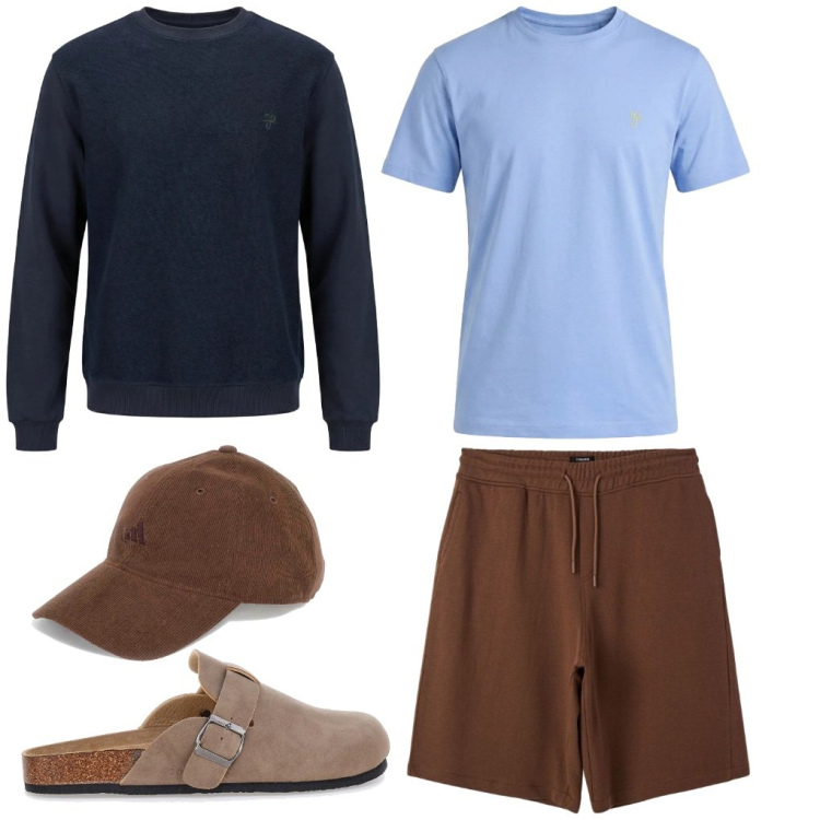Outfit uomo - 72. In campeggio. Stile Urban per Tutti i giorni. Abbinamento con bermuda, felpe, t-shirt, sandali, cappelli con visiera.