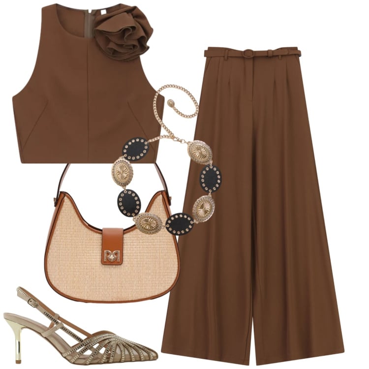 Outfit donna - Imperial. Stile Trendy per Tutti i giorni. Abbinamento con cinture, pantaloni a palazzo, top, borse a spalla, décolleté.