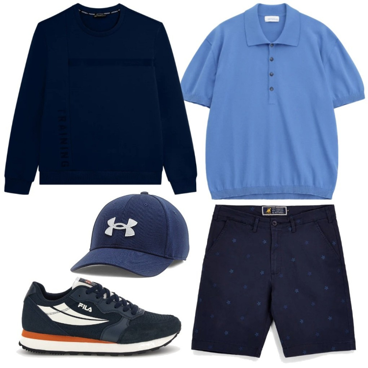 Outfit uomo - 73. Blues. Stile Urban per Tutti i giorni. Abbinamento con polo, felpe, cappelli, bermuda, sneakers.