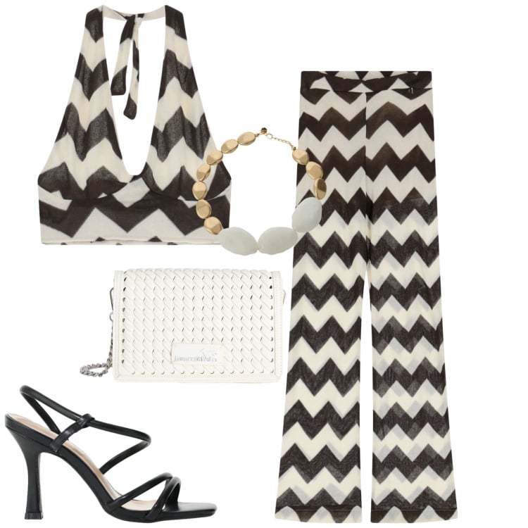 Outfit donna - 70. Stile 70s per Mare. Abbinamento con borse a tracolla, sandali col tacco, pantaloni, top, collane.