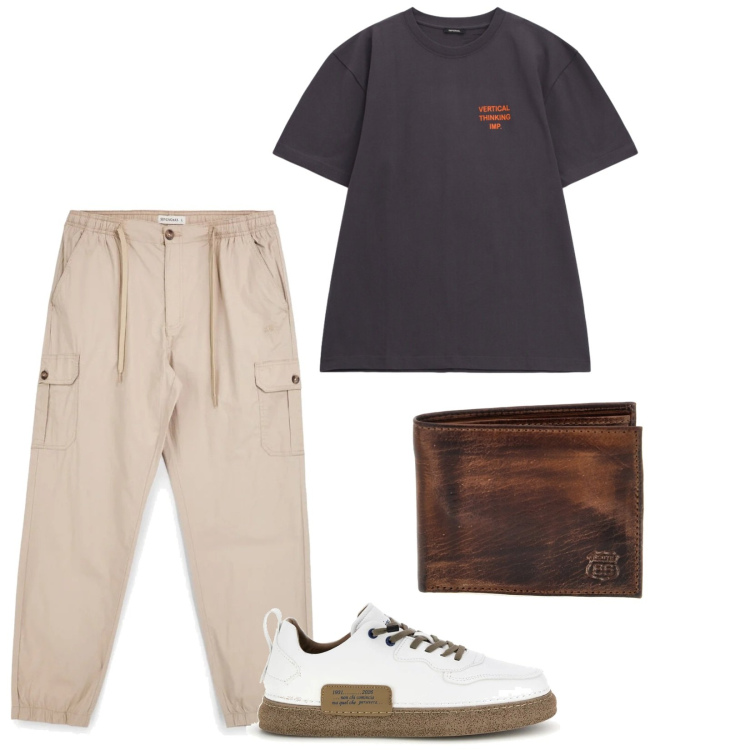 Outfit uomo - Serate primavera. per Serata speciale. Abbinamento con t-shirt, pantaloni cargo, sneakers, portafogli.