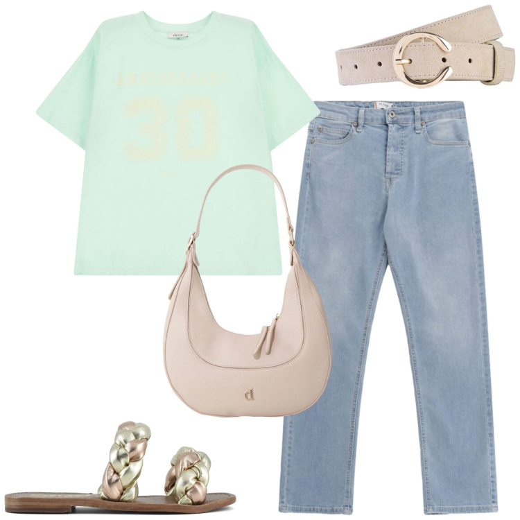 Outfit donna - Maggio. Stile Casual per Tutti i giorni. Abbinamento con cinture, jeans, t-shirt, borse a tracolla, ciabatte.