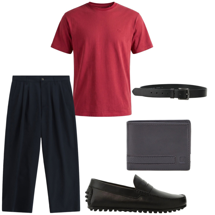 Outfit uomo - Serata di primavera. per Serata speciale. Abbinamento con pantaloni, scarpe stringate, cinture, t-shirt, portafogli.