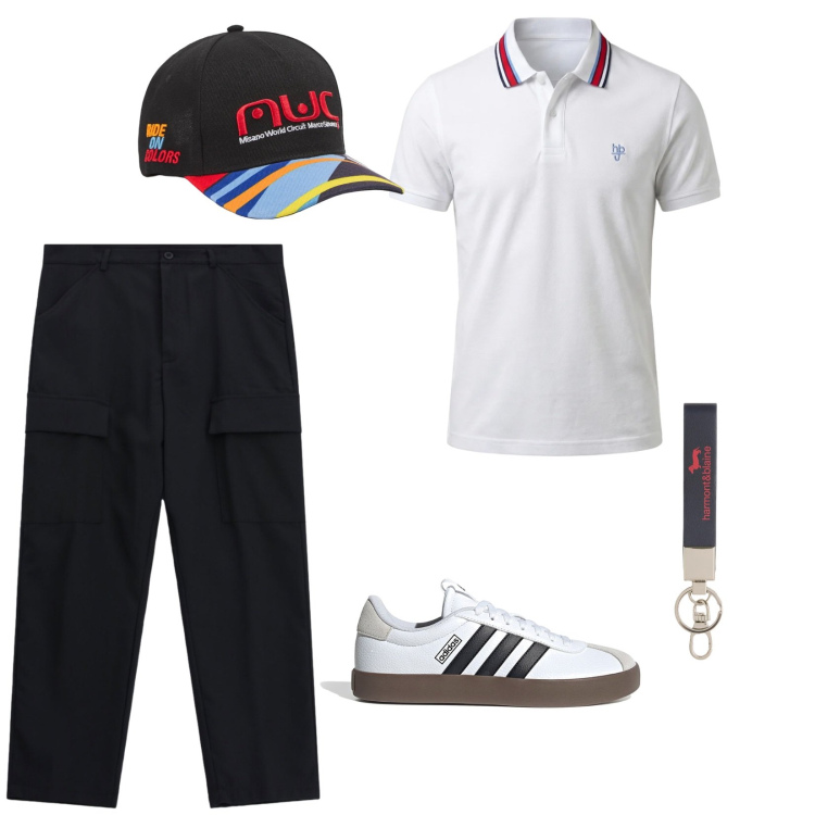 Outfit uomo - Polo. per Tutti i giorni. Abbinamento con cappelli con visiera, pantaloni cargo, portachiavi, polo, sneakers.
