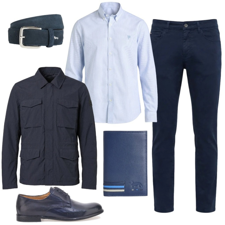 Outfit uomo - 75. Ufficio blu. Stile Casual per Ufficio. Abbinamento con cinture, portafogli, pantaloni, camicie, cappotti, scarpe stringate.