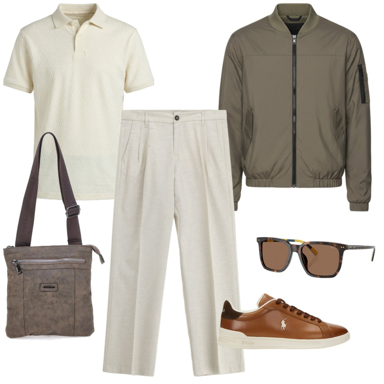 Outfit uomo - Polo. per Ufficio. Abbinamento con pantaloni, polo, sneakers, occhiali da sole, bomber, portafogli.